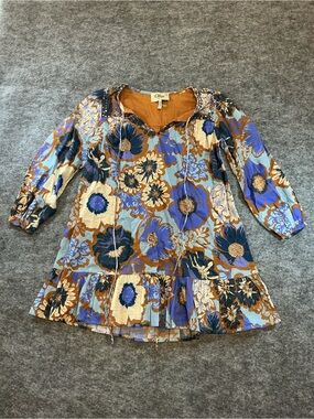 Ollari Blue and Tan Floral Boho Tunic Dress Size XS